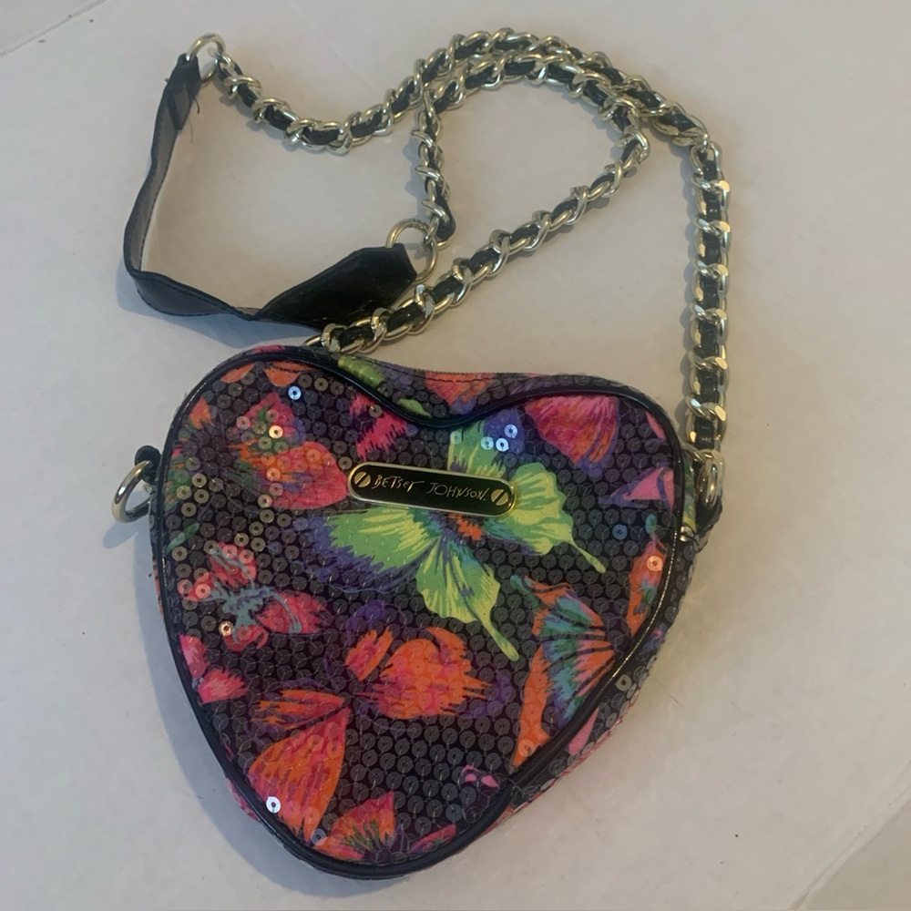 Betsey Johnson Heart Shaped Crossbody Bag Sequins Butterflies Chain Strap